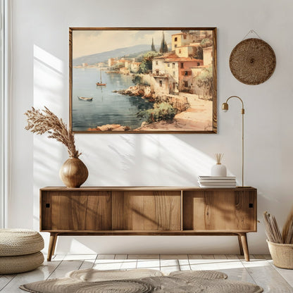 Immerse yourself in the tranquil charm of this coastal village painting. With soft hues capturing for Sitting Area