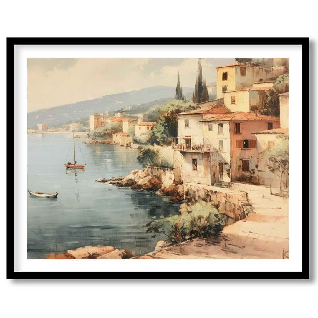 Immerse yourself in the tranquil charm of this coastal village painting. With soft hues capturing for sweet-home