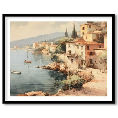 Immerse yourself in the tranquil charm of this coastal village painting. With soft hues capturing for sweet-home