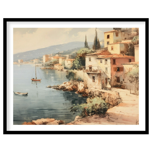 Immerse yourself in the tranquil charm of this coastal village painting. With soft hues capturing for sweet-home