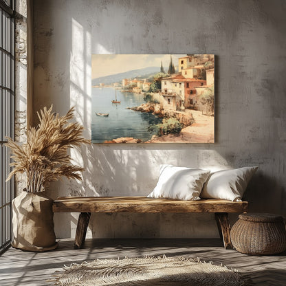 Immerse yourself in the tranquil charm of this coastal village painting. With soft hues capturing for Veranda
