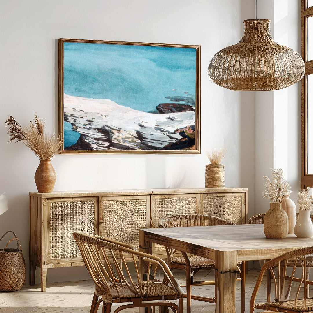 Experience the tranquil beauty of untouched coastlines with this stunning watercolor painting. The for Dining
