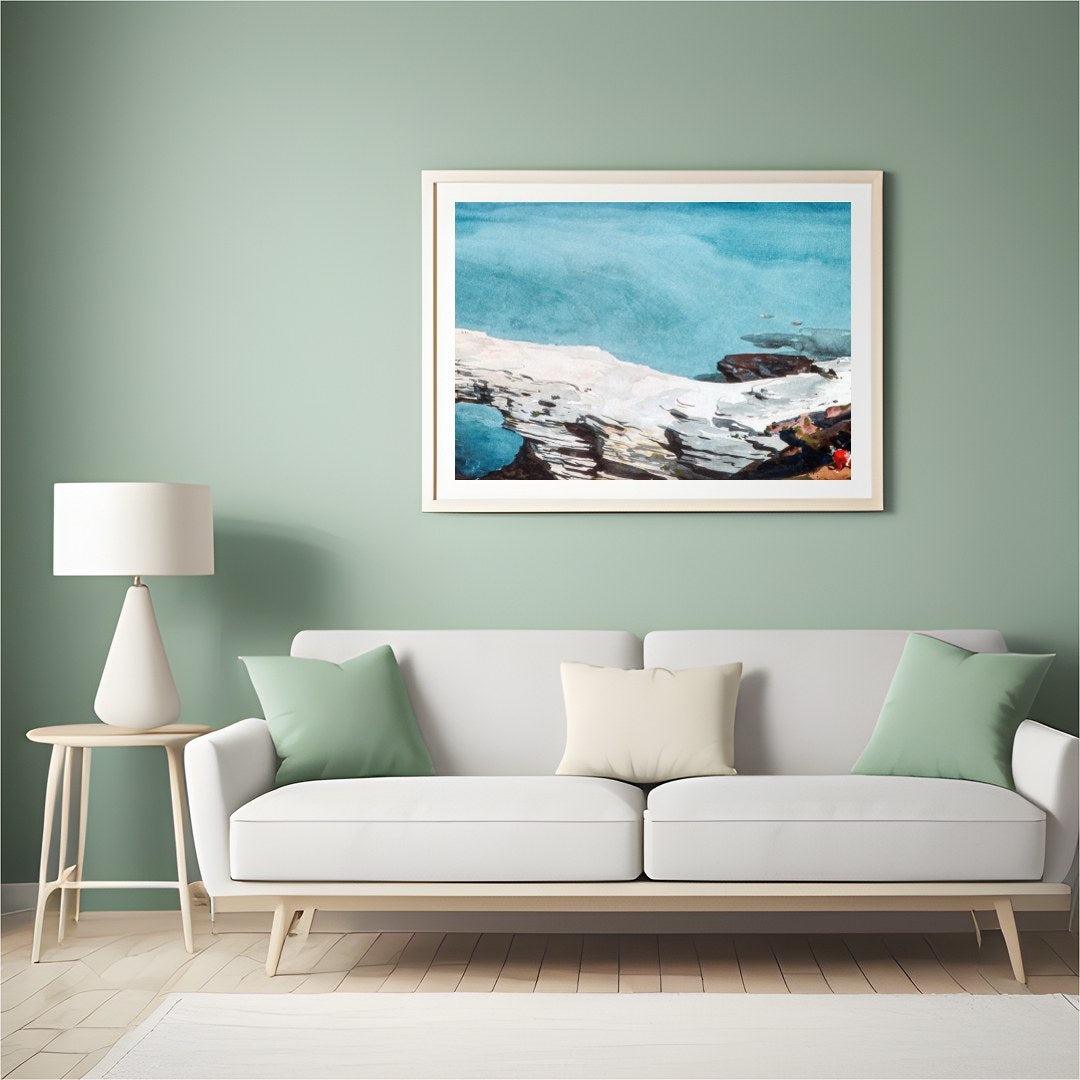 Experience the tranquil beauty of untouched coastlines with this stunning watercolor painting. The for Hall