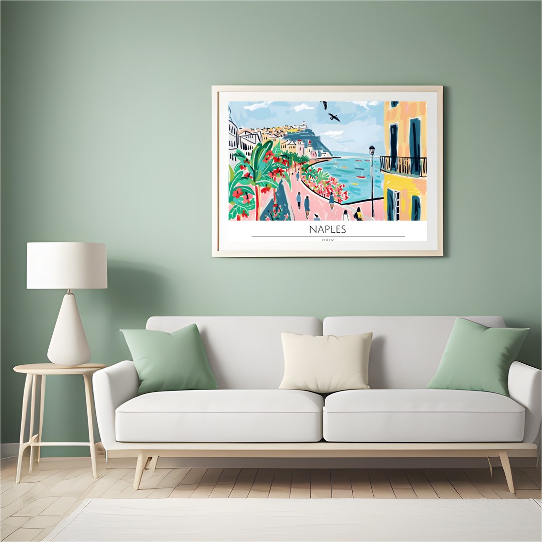 Immerse yourself in the lively charm of Naples with this vivid artwork, showcasing the bustling for Hall