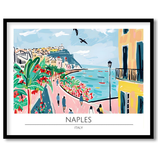 Immerse yourself in the lively charm of Naples with this vivid artwork, showcasing the bustling for residence