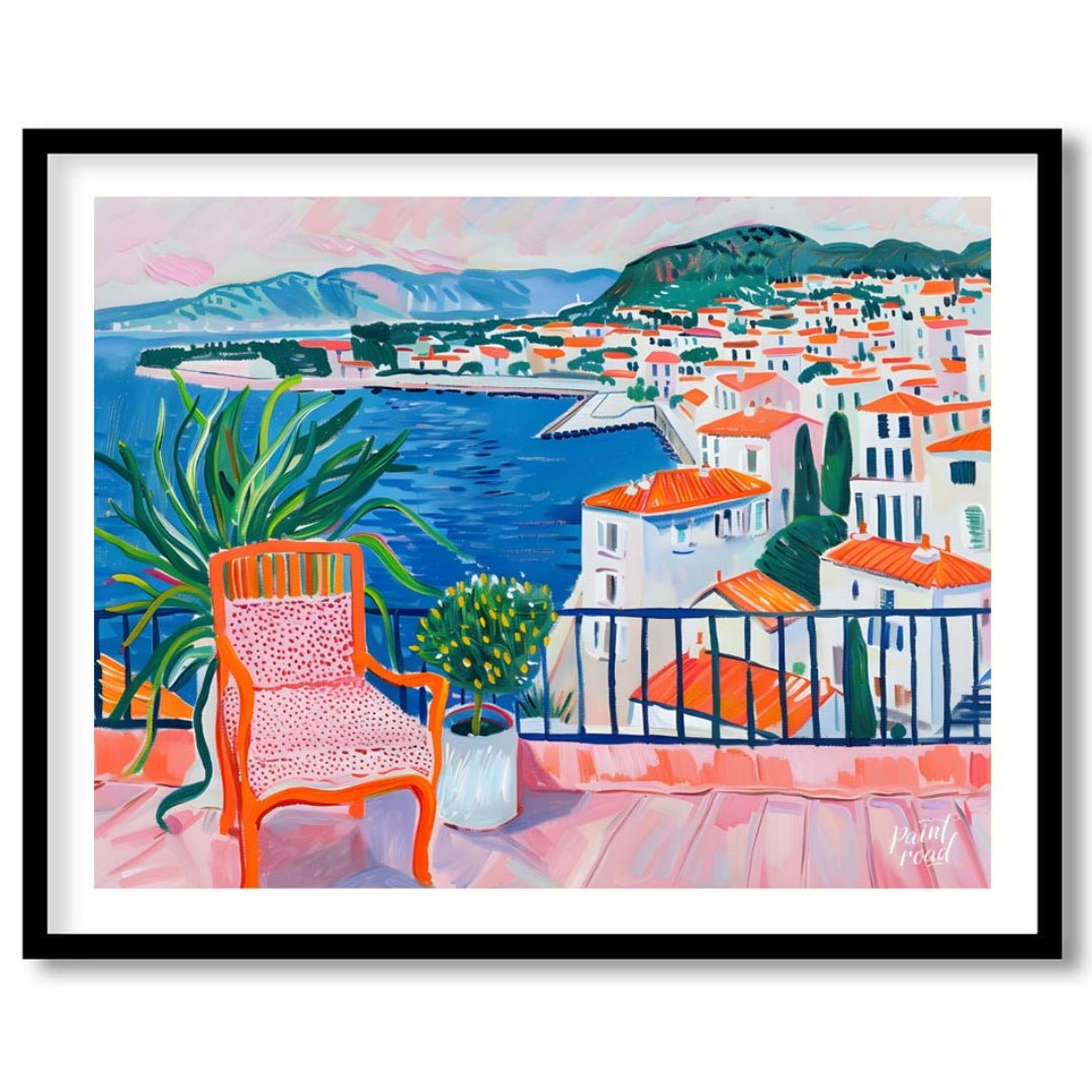 This vibrant painting captures a stunning coastal view from a sunlit terrace. The artist employs bo… for abode