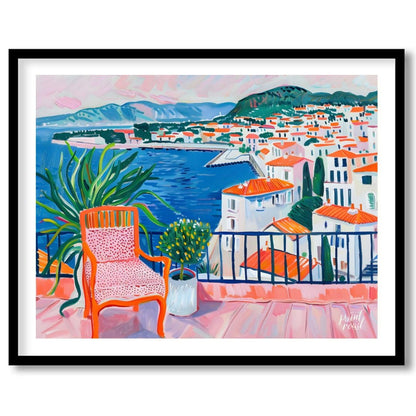 This vibrant painting captures a stunning coastal view from a sunlit terrace. The artist employs bo… for abode