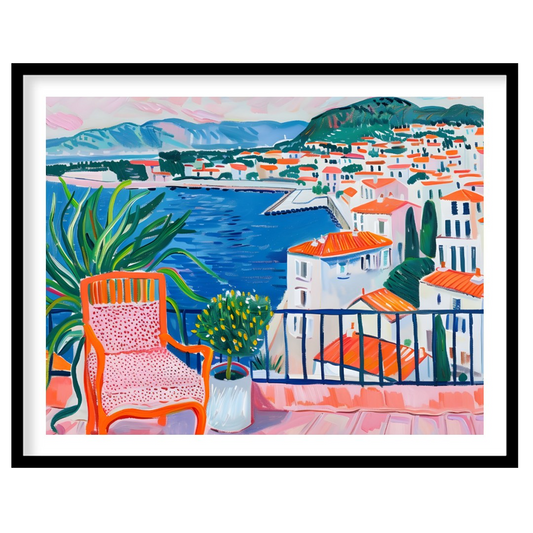 This vibrant painting captures a stunning coastal view from a sunlit terrace. The artist employs bo… for abode