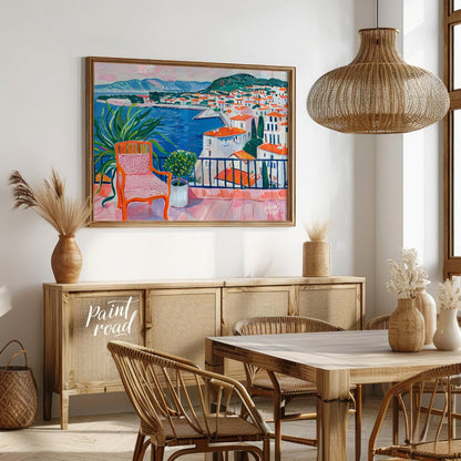 This vibrant painting captures a stunning coastal view from a sunlit terrace. The artist employs bo… for dining room