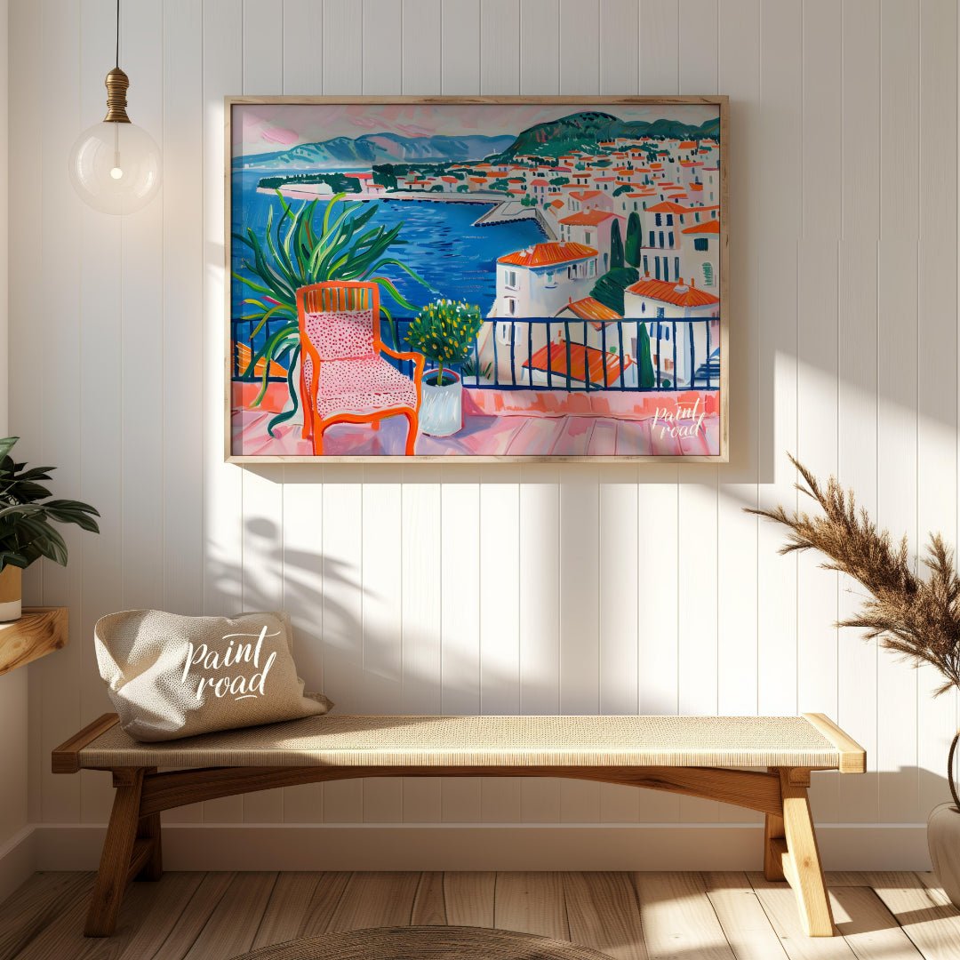This vibrant painting captures a stunning coastal view from a sunlit terrace. The artist employs bo… for entryway