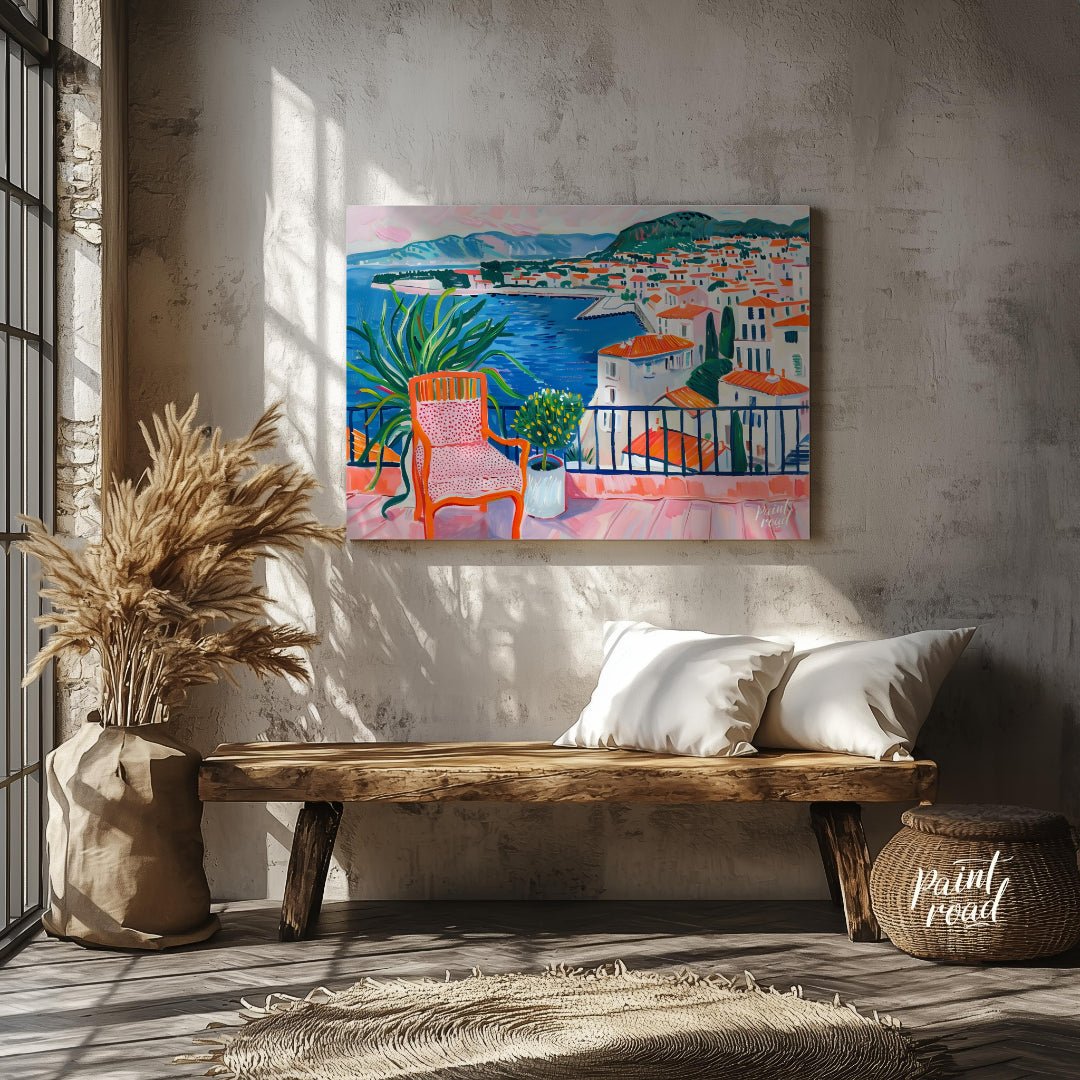 This vibrant painting captures a stunning coastal view from a sunlit terrace. The artist employs bo… for entryway