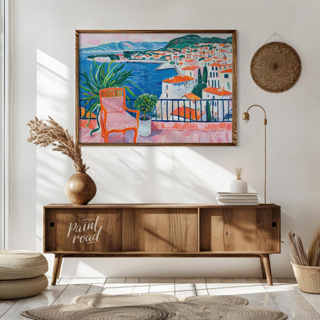 This vibrant painting captures a stunning coastal view from a sunlit terrace. The artist employs bo… for living room