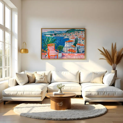 This vibrant painting captures a stunning coastal view from a sunlit terrace. The artist employs bo… for living room