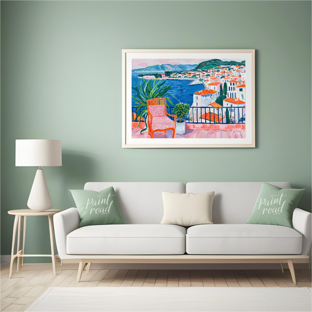 This vibrant painting captures a stunning coastal view from a sunlit terrace. The artist employs bo… for living room