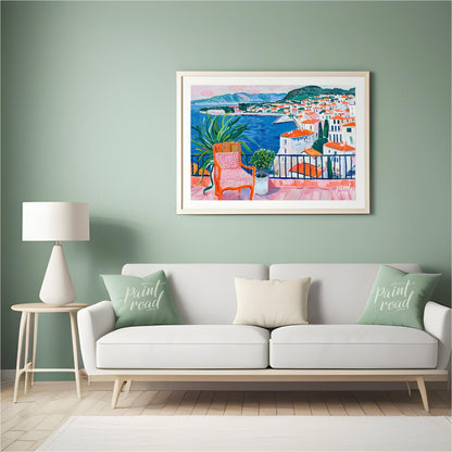 This vibrant painting captures a stunning coastal view from a sunlit terrace. The artist employs bo… for living room