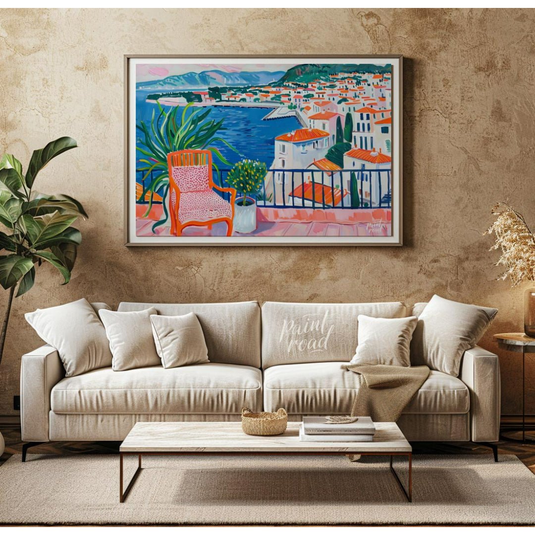 This vibrant painting captures a stunning coastal view from a sunlit terrace. The artist employs bo… for living room
