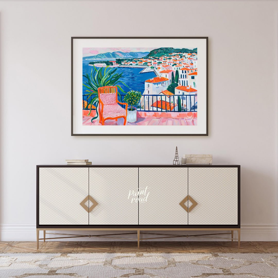 This vibrant painting captures a stunning coastal view from a sunlit terrace. The artist employs bo… for living room