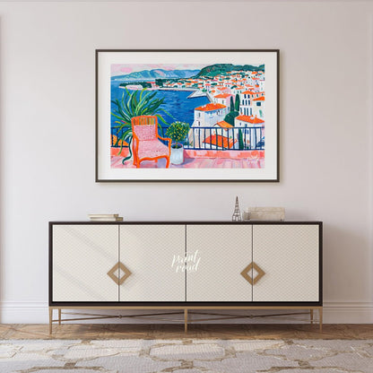 This vibrant painting captures a stunning coastal view from a sunlit terrace. The artist employs bo… for living room