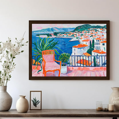 This vibrant painting captures a stunning coastal view from a sunlit terrace. The artist employs bo… for living room