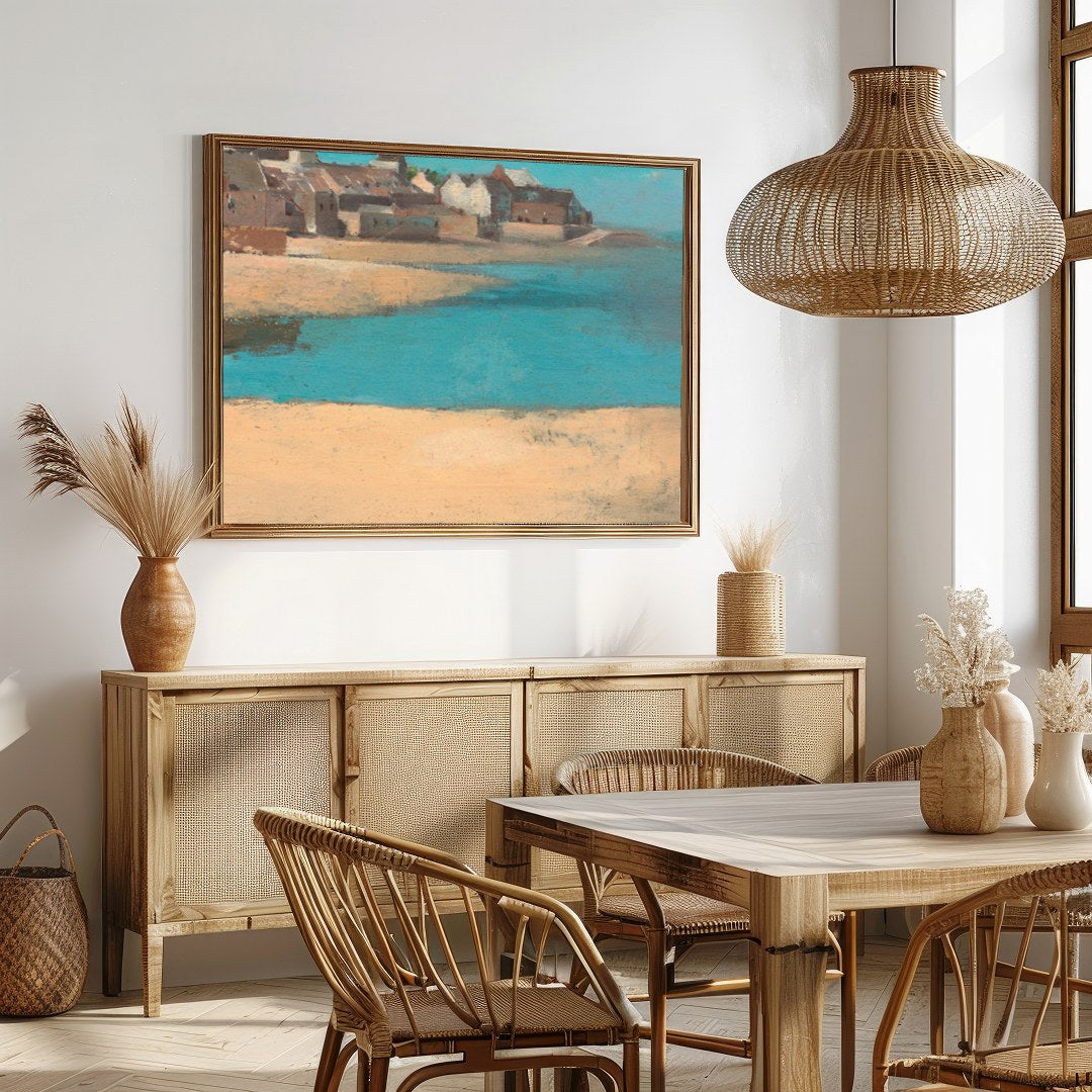 Immerse yourself in the tranquil beauty of 'Coastal Village Serenity,' a captivating artwork for Dining