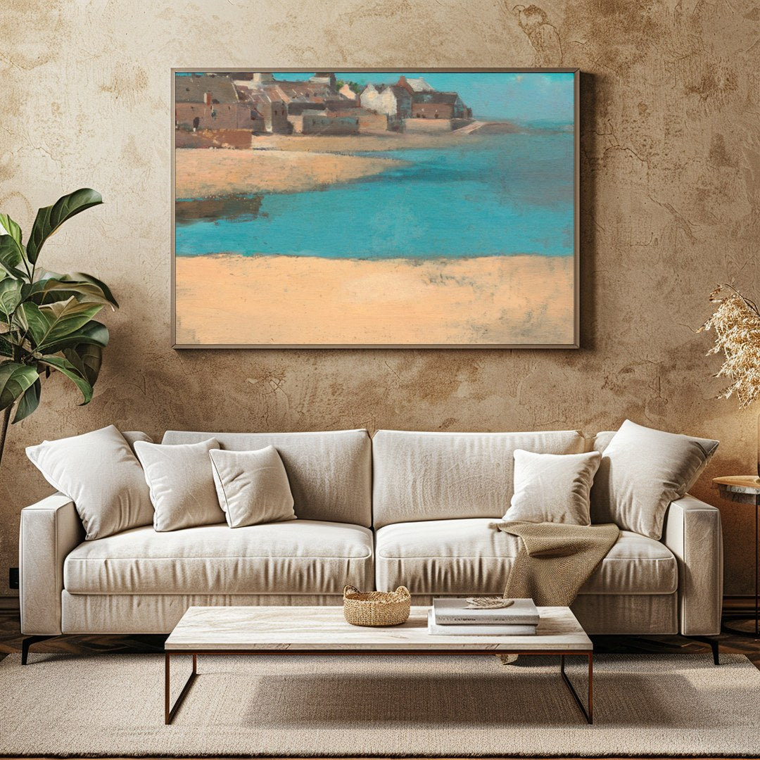 Immerse yourself in the tranquil beauty of 'Coastal Village Serenity,' a captivating artwork for Family Room