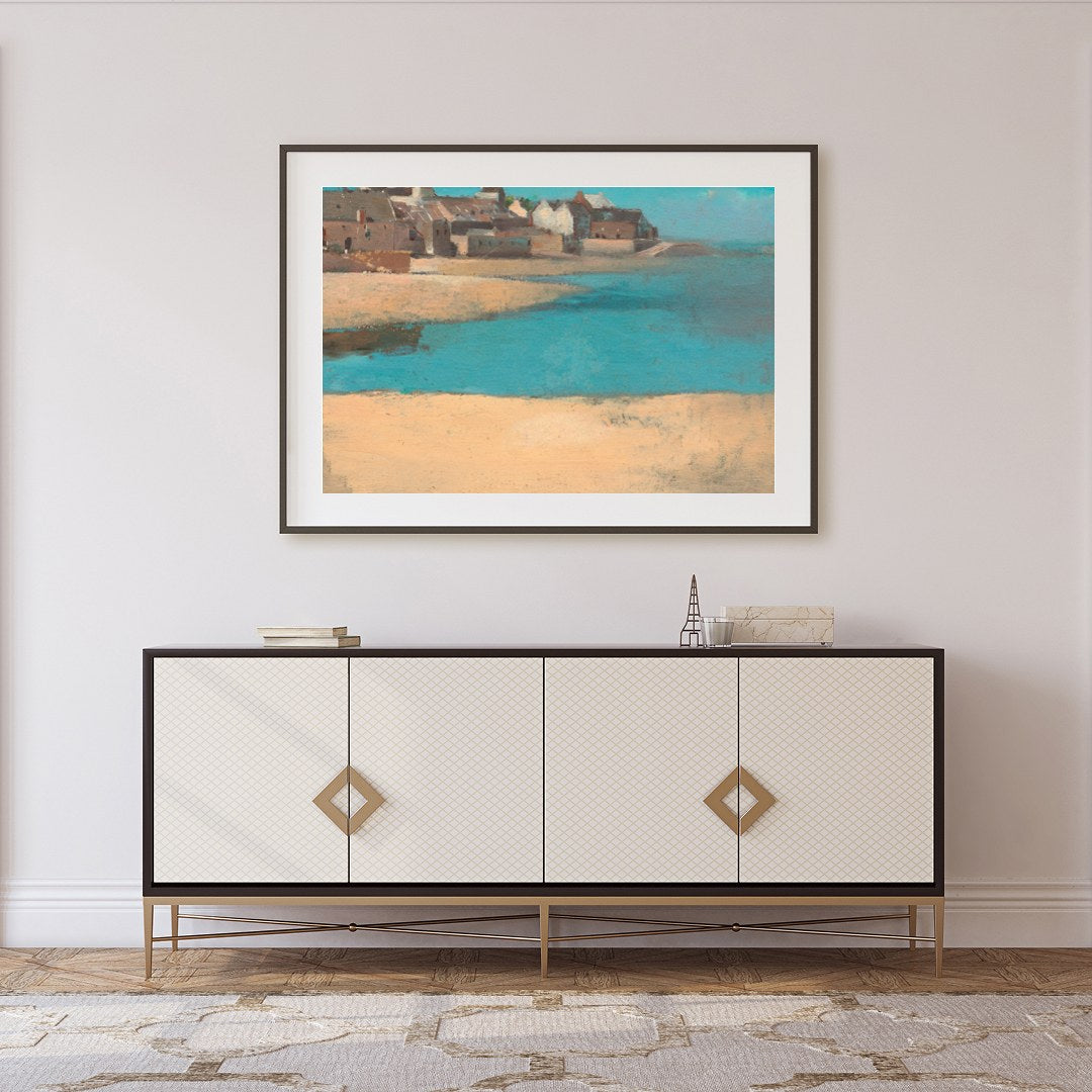 Immerse yourself in the tranquil beauty of 'Coastal Village Serenity,' a captivating artwork for Foyer