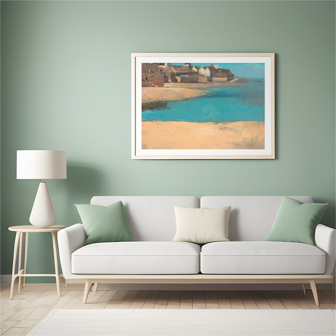 Immerse yourself in the tranquil beauty of 'Coastal Village Serenity,' a captivating artwork for Hall