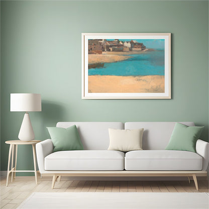 Immerse yourself in the tranquil beauty of 'Coastal Village Serenity,' a captivating artwork for Hall