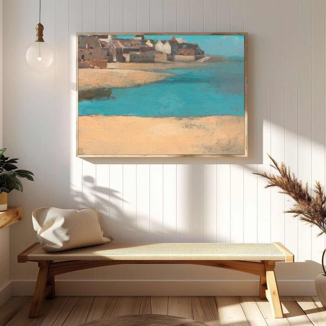 Immerse yourself in the tranquil beauty of 'Coastal Village Serenity,' a captivating artwork for Hallway