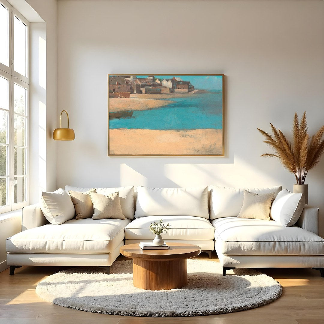 Immerse yourself in the tranquil beauty of 'Coastal Village Serenity,' a captivating artwork for Living Room