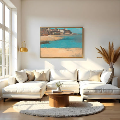 Immerse yourself in the tranquil beauty of 'Coastal Village Serenity,' a captivating artwork for Living Room