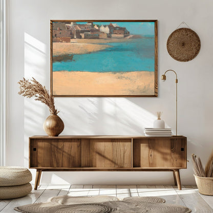 Immerse yourself in the tranquil beauty of 'Coastal Village Serenity,' a captivating artwork for Sitting Area