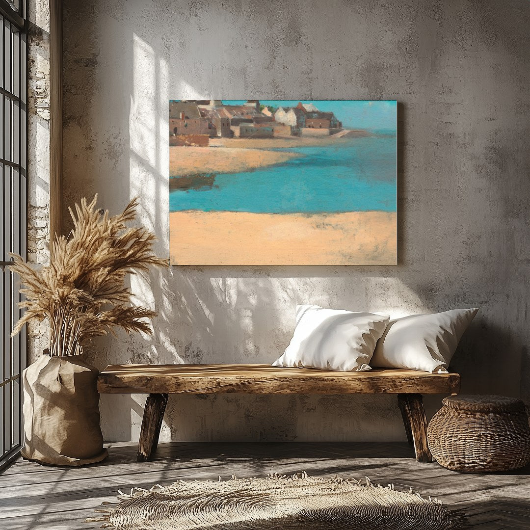 Immerse yourself in the tranquil beauty of 'Coastal Village Serenity,' a captivating artwork for Veranda