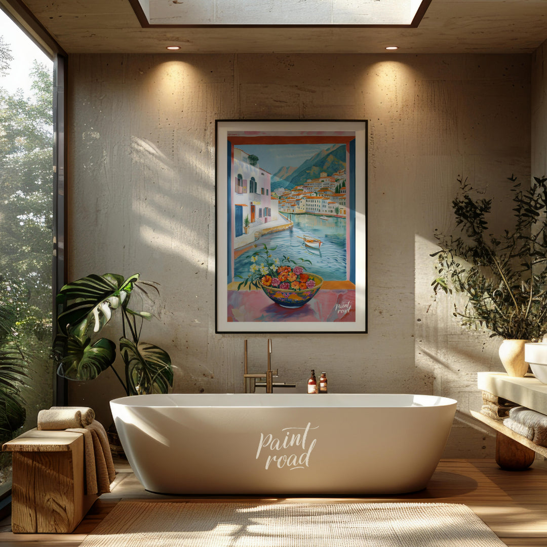 This painting captures a vibrant coastal scene viewed through an open window, framing a picturesque… for bathroom