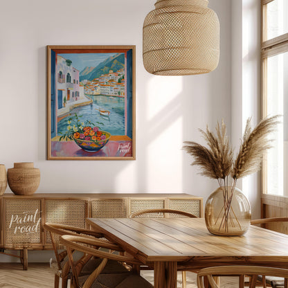 This painting captures a vibrant coastal scene viewed through an open window, framing a picturesque… for dining room