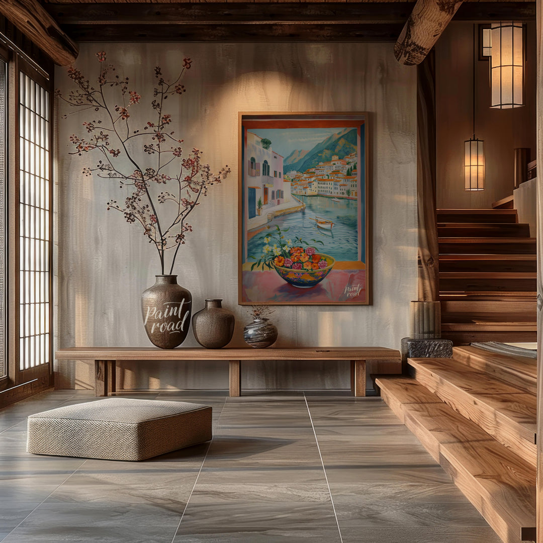 This painting captures a vibrant coastal scene viewed through an open window, framing a picturesque… for entryway