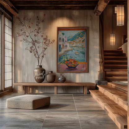 This painting captures a vibrant coastal scene viewed through an open window, framing a picturesque… for entryway