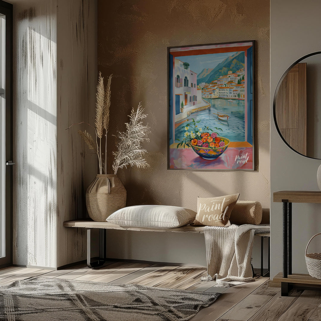 This painting captures a vibrant coastal scene viewed through an open window, framing a picturesque… for entryway