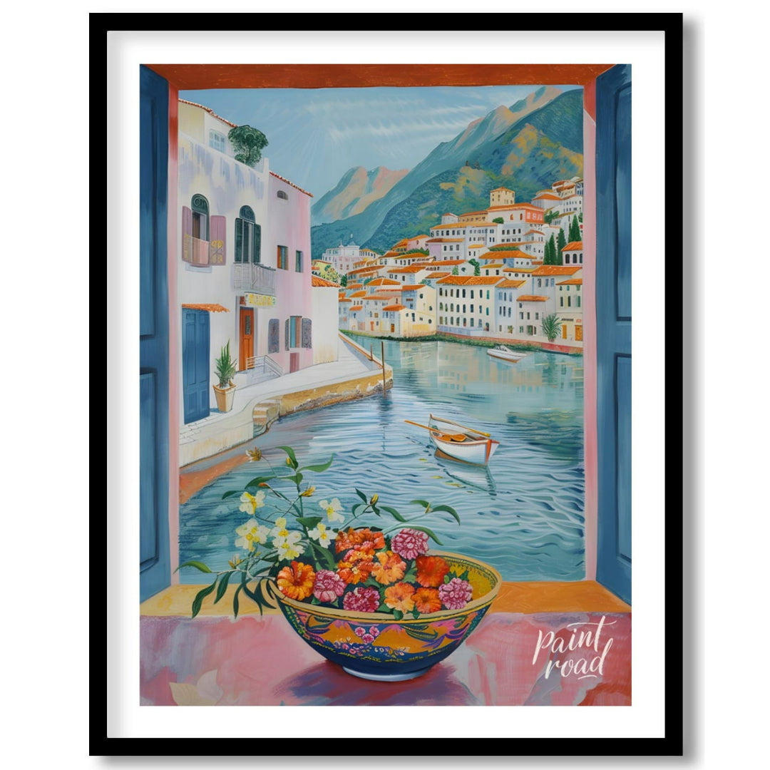 This painting captures a vibrant coastal scene viewed through an open window, framing a picturesque… for house