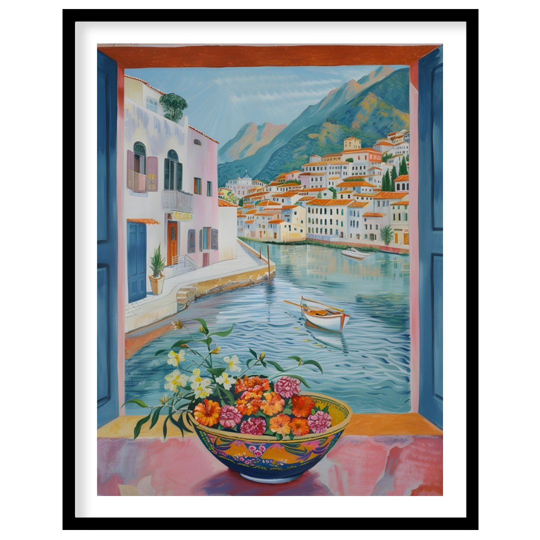 This painting captures a vibrant coastal scene viewed through an open window, framing a picturesque… for house