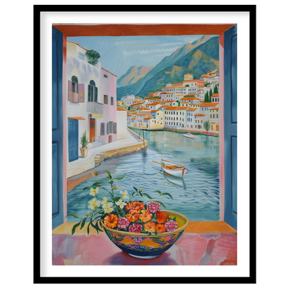This painting captures a vibrant coastal scene viewed through an open window, framing a picturesque… for house