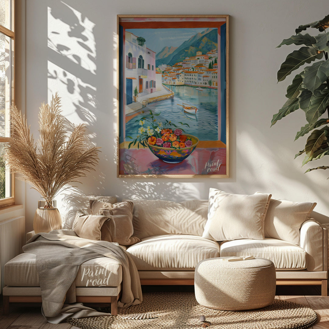 This painting captures a vibrant coastal scene viewed through an open window, framing a picturesque… for living room