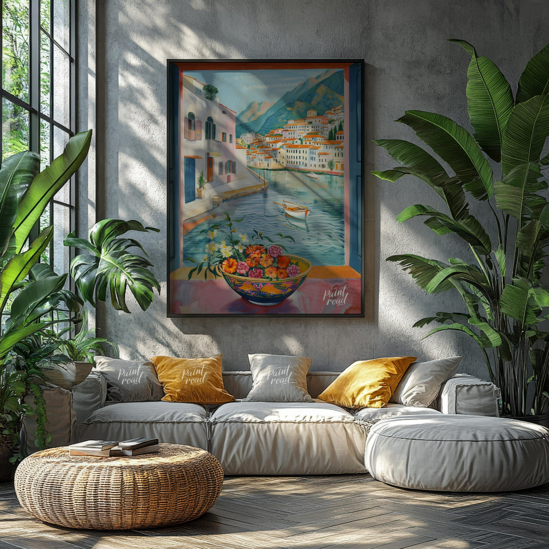 This painting captures a vibrant coastal scene viewed through an open window, framing a picturesque… for living room