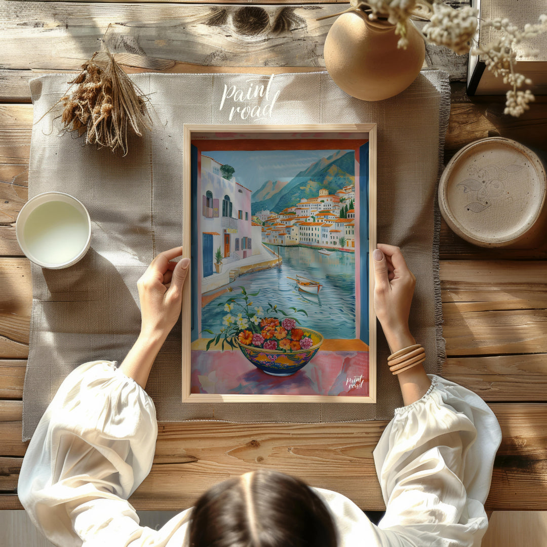 This painting captures a vibrant coastal scene viewed through an open window, framing a picturesque… for other