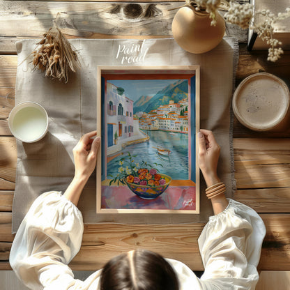 This painting captures a vibrant coastal scene viewed through an open window, framing a picturesque… for other