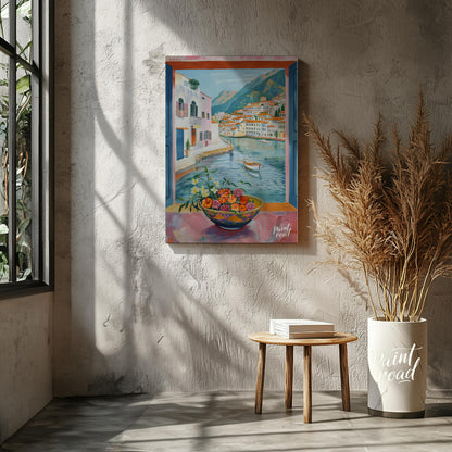 This painting captures a vibrant coastal scene viewed through an open window, framing a picturesque… for other