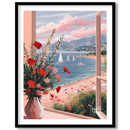 This artwork captures a serene coastal scene viewed through an open window, framing a picturesque l… for area