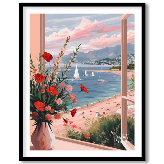 This artwork captures a serene coastal scene viewed through an open window, framing a picturesque l… for area