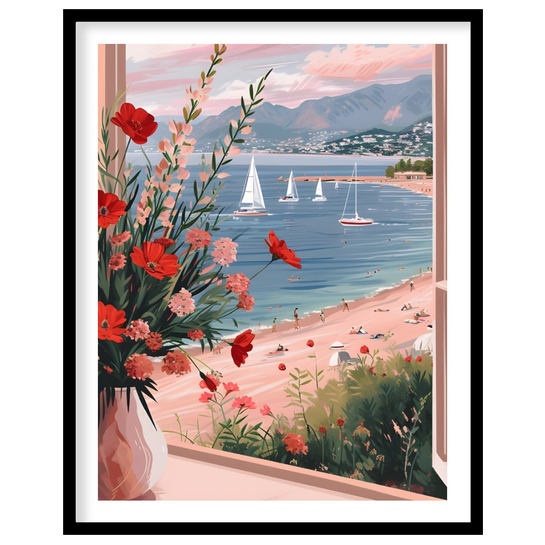 This artwork captures a serene coastal scene viewed through an open window, framing a picturesque l… for area