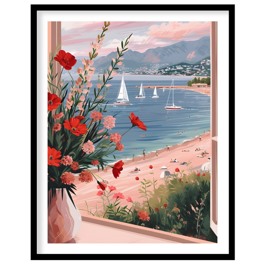 This artwork captures a serene coastal scene viewed through an open window, framing a picturesque l… for area